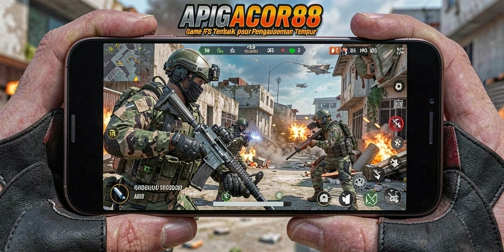 Screenshot menunjukkan aksi intens dalam pertempuran FPS di APIGACOR88.