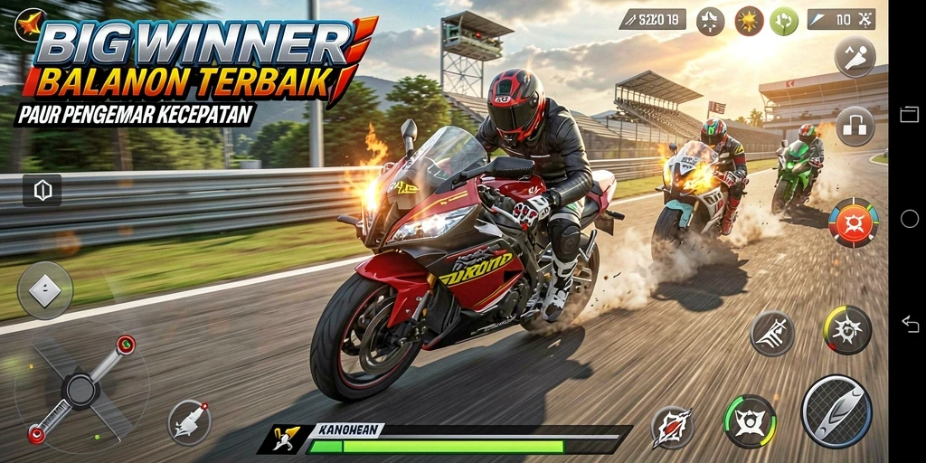 Screenshot gameplay <strong>BIGWINNER</strong> menunjukkan adrenalin tinggi balapan motor.