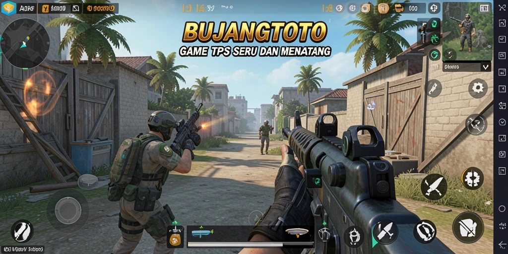 Screenshot gameplay BUJANGTOTO menampilkan aksi seru dalam pertempuran TPS.