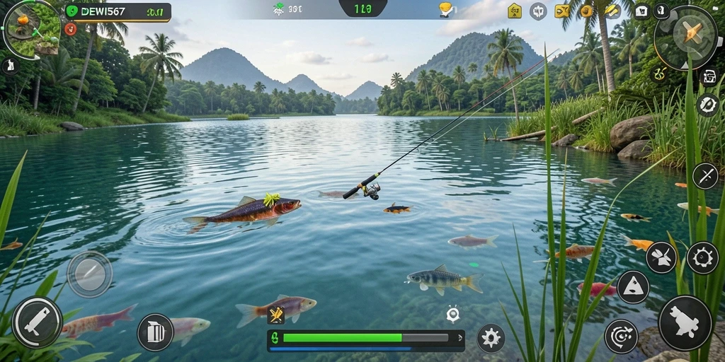 Screenshot DEWI567 menampilkan gameplay memancing yang mendebarkan dan indah.