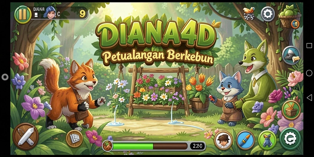 Screenshot gameplay DIANA4D menampilkan kebun yang indah dan tanaman yang beragam.