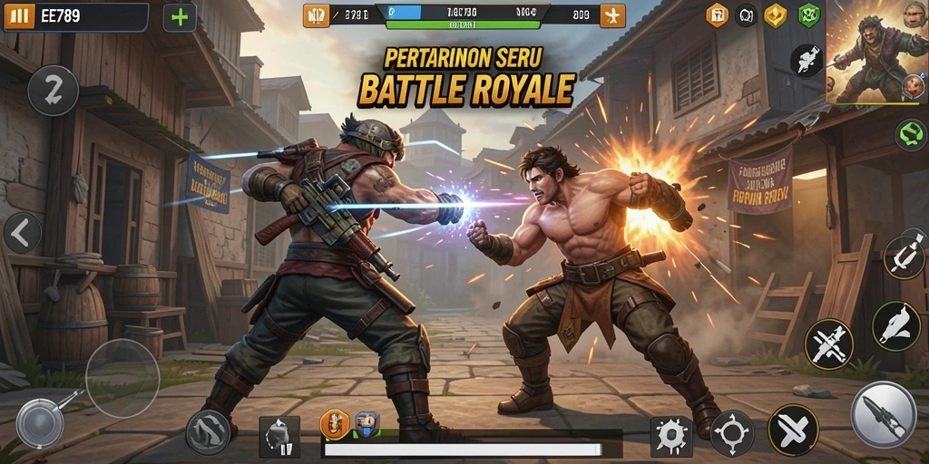 Tangkapan layar utama EE789 menampilkan pertempuran intens dalam game Battle Royale.