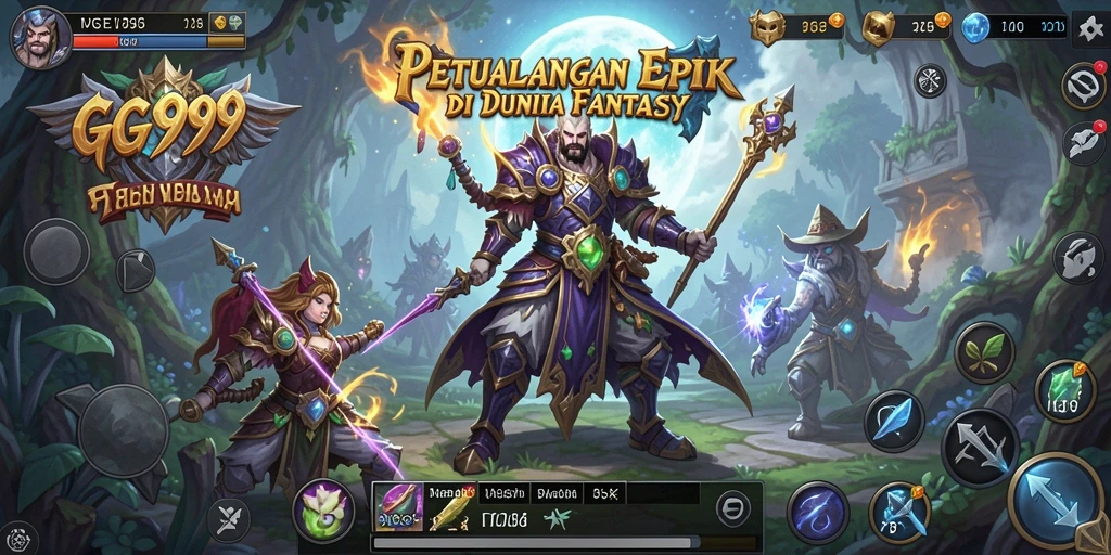 Screenshot GG999 menunjukkan pertempuran epik di dunia fantasi yang memukau.