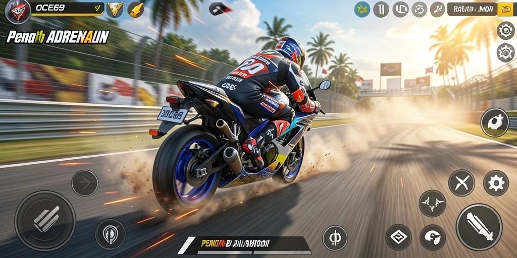 Tampilan gameplay menegangkan OCE69 saat balapan motor.