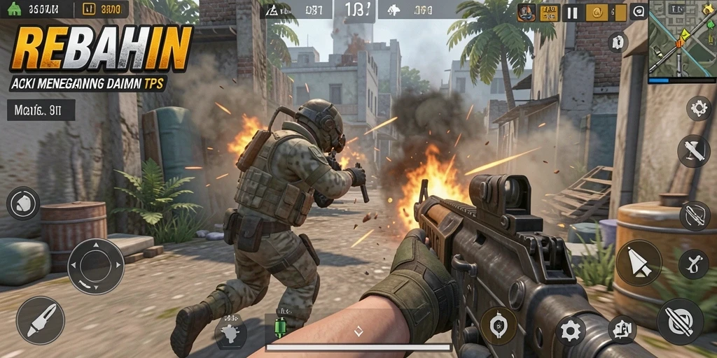 Screenshot gameplay menunjukkan pertempuran intens di REBAHIN.