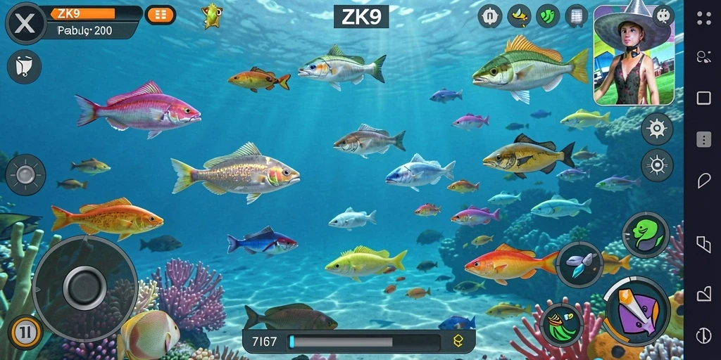 Tampilan gameplay seru dalam ZK9 saat menembak ikan.